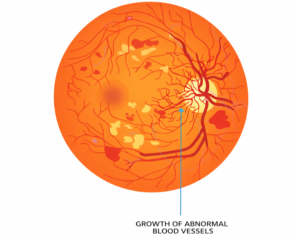 Proliferative diabetic retinopathy: retina illustration showing abnormal vessel growth