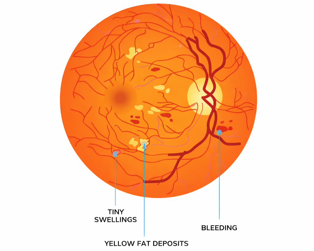 Non-proliferative diabetic retinopathy: retina illustration showing early changes