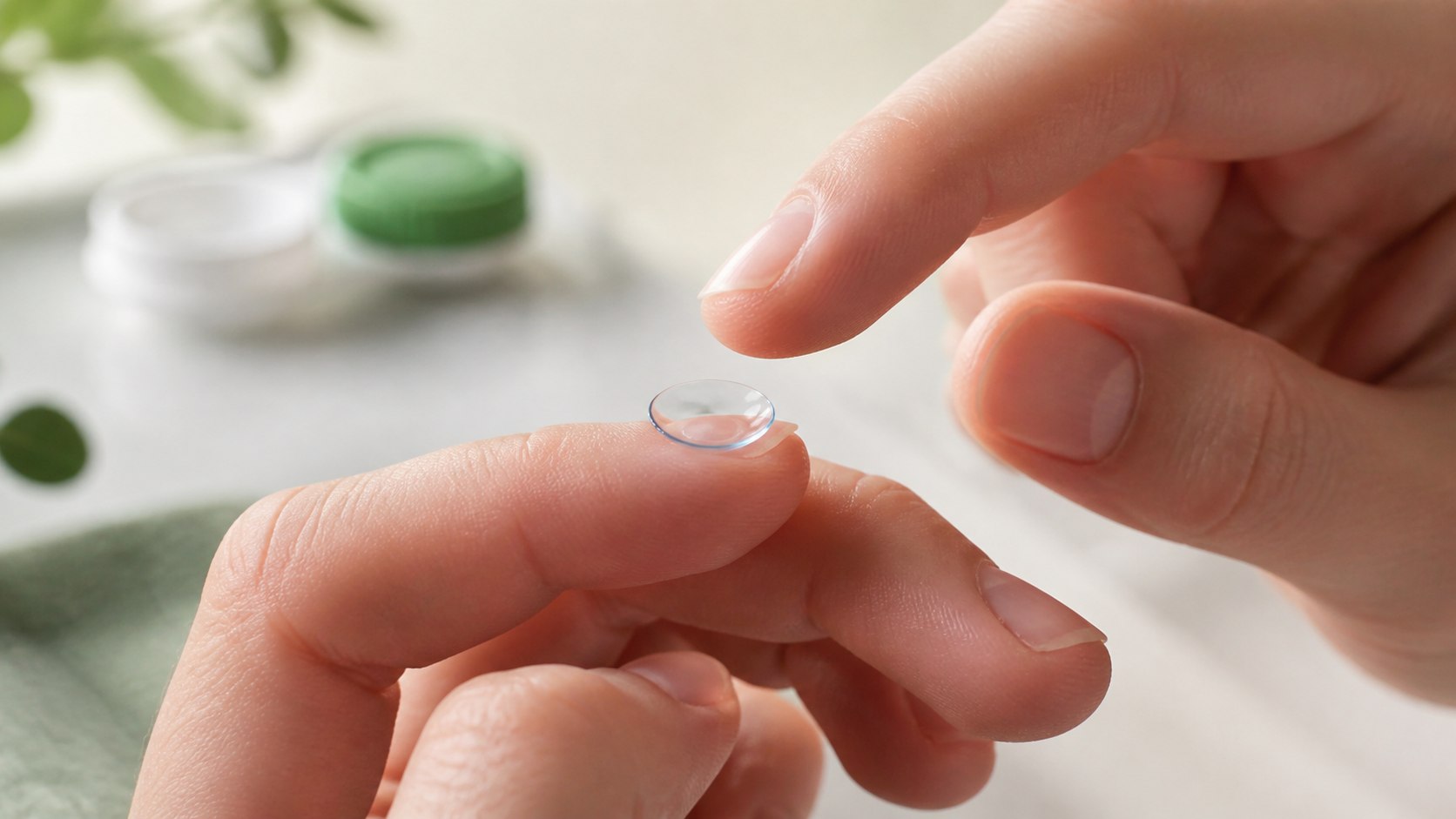Clean contact lens being inspected on a fingertip before insertion