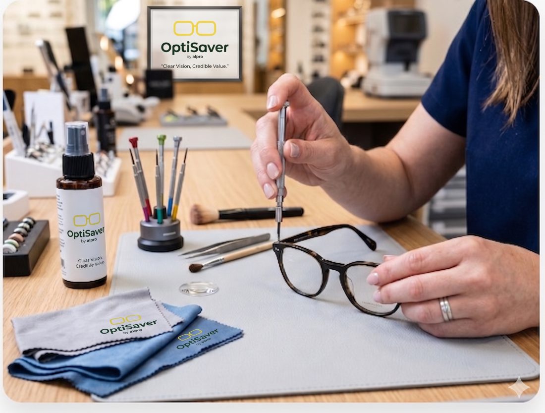 Optometrist working on spectacle frame cleaning and restoration