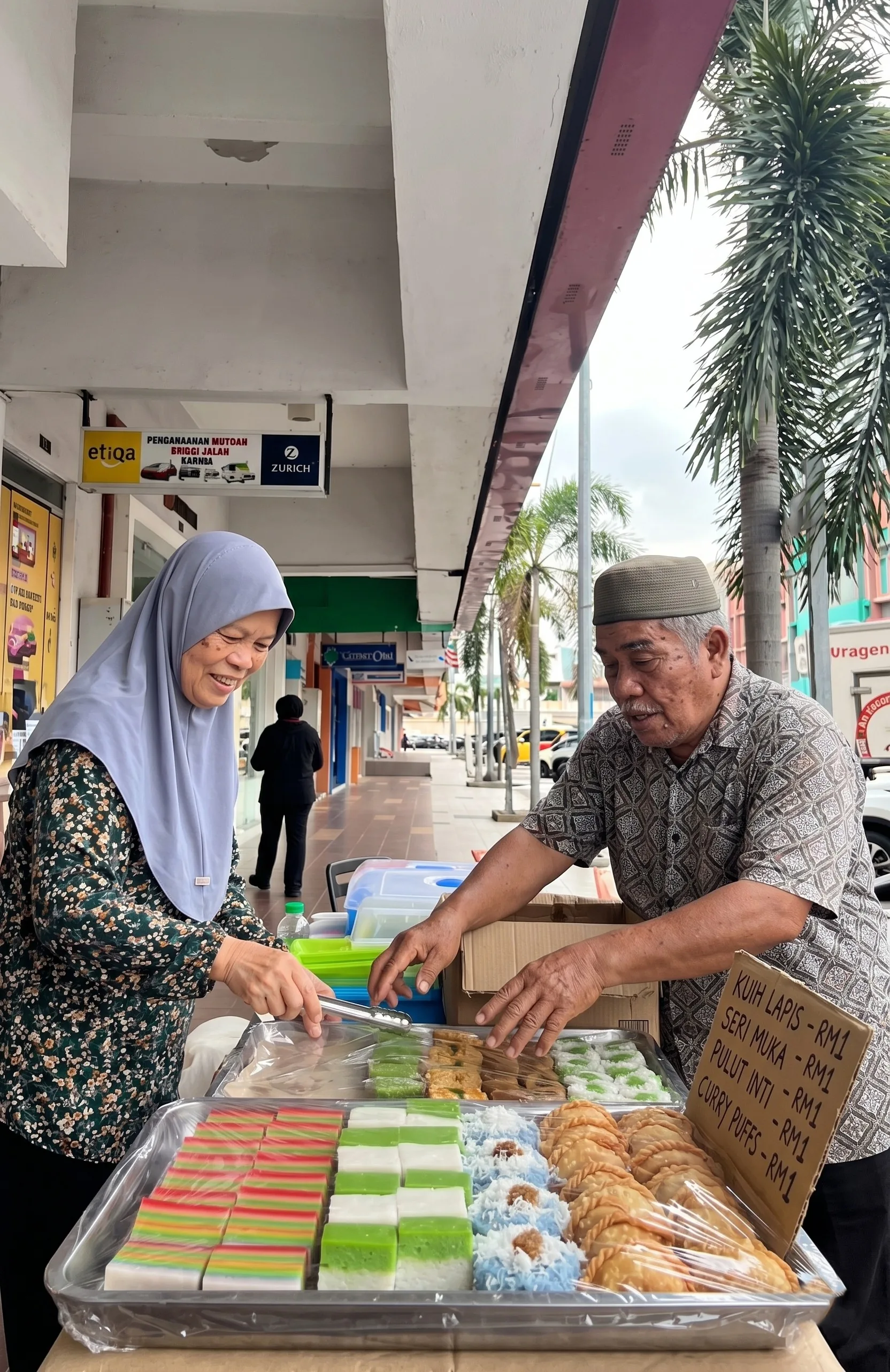 Elderly couple at their street stall selling keropok